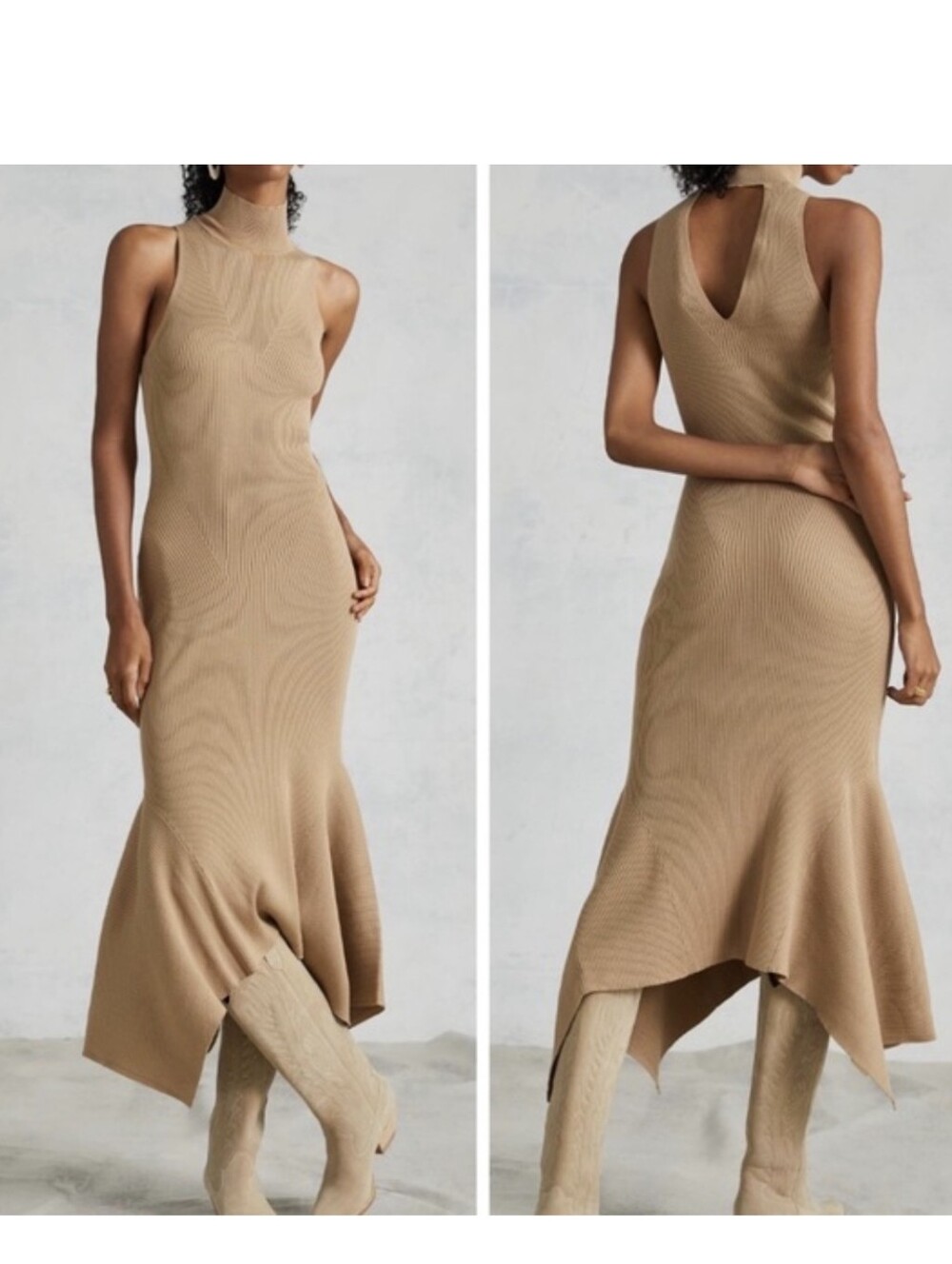 ANTHROPOLOGIE Camel Asymmetric Ribbed Knit High-Low Mermaid Dress- Size Large